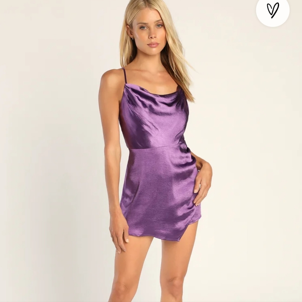 Lulus Radiant Luxe Purple Satin Cowl Neck Skort Romper